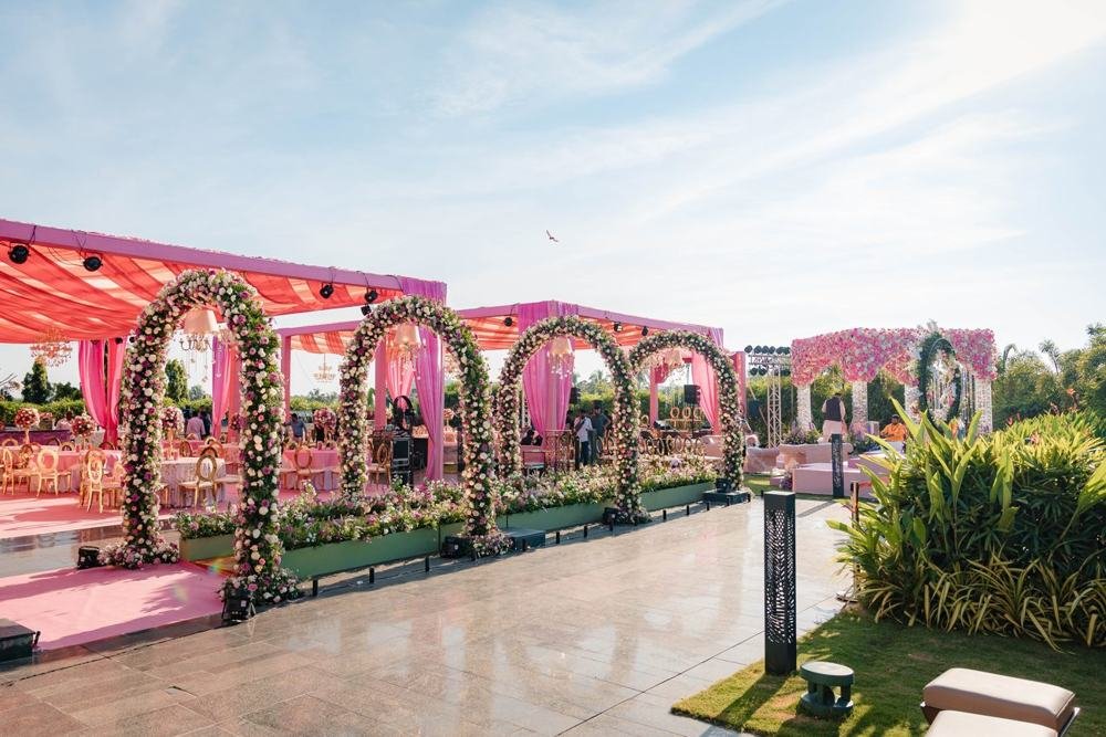 Floral arch walkway at a resort