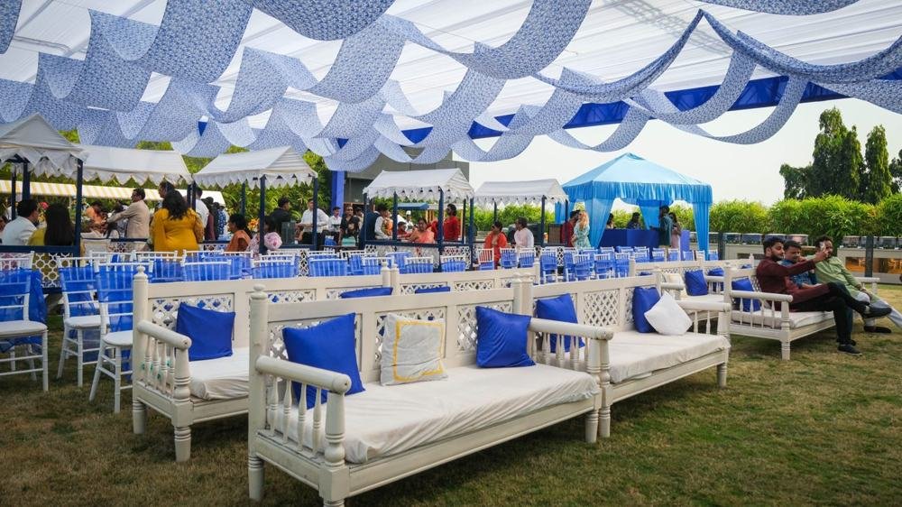 Blue and white lawn lounge