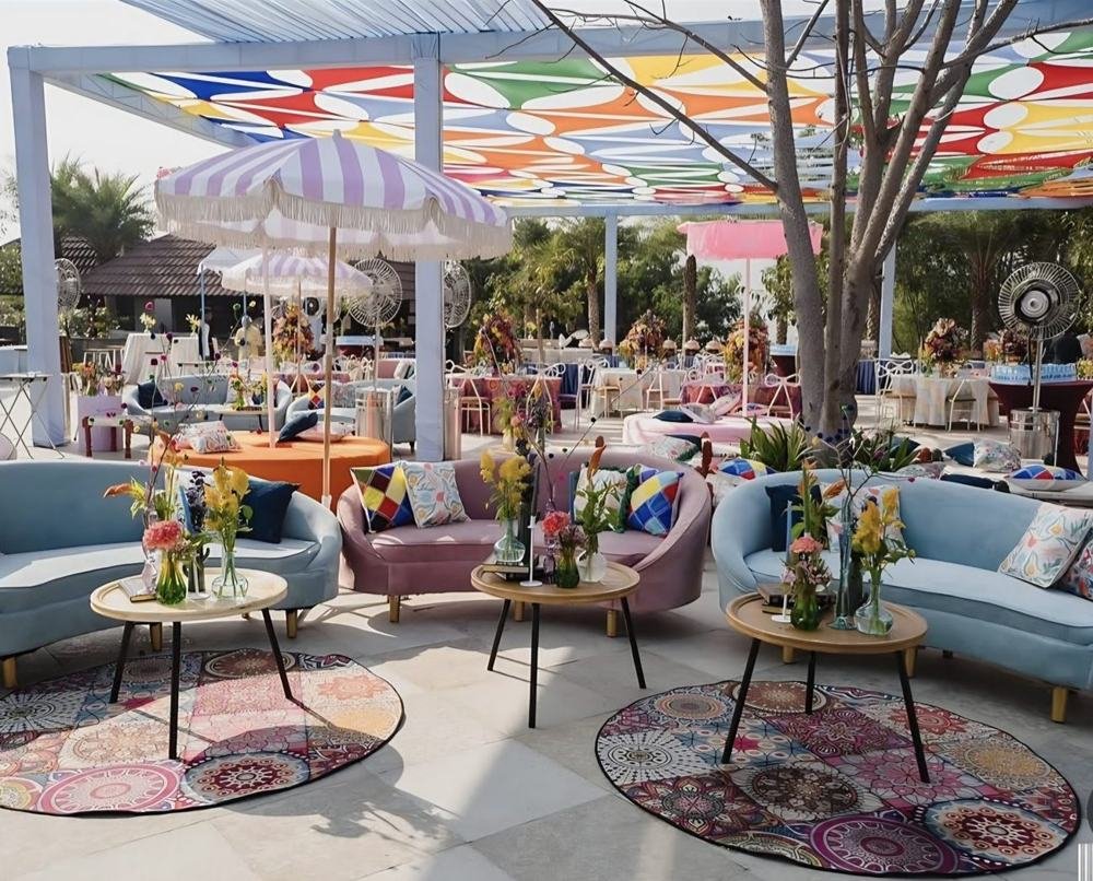 Colourful lounge under a patterned canopy