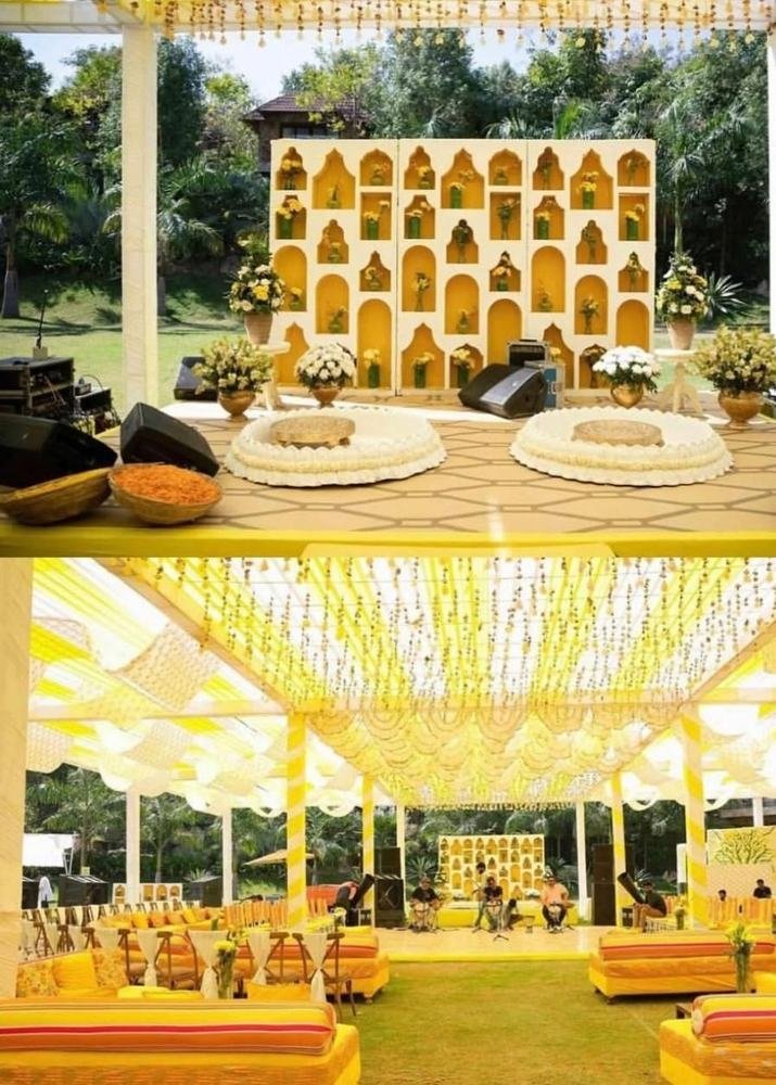 Jharokha backdrop and yellow lounge