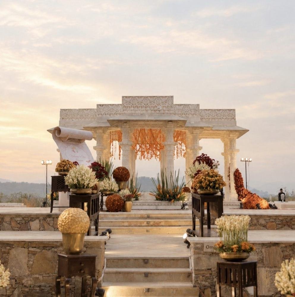 Marble pavilion with marigold canopy