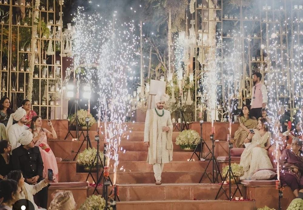 Groom's entrance with cold sparklers