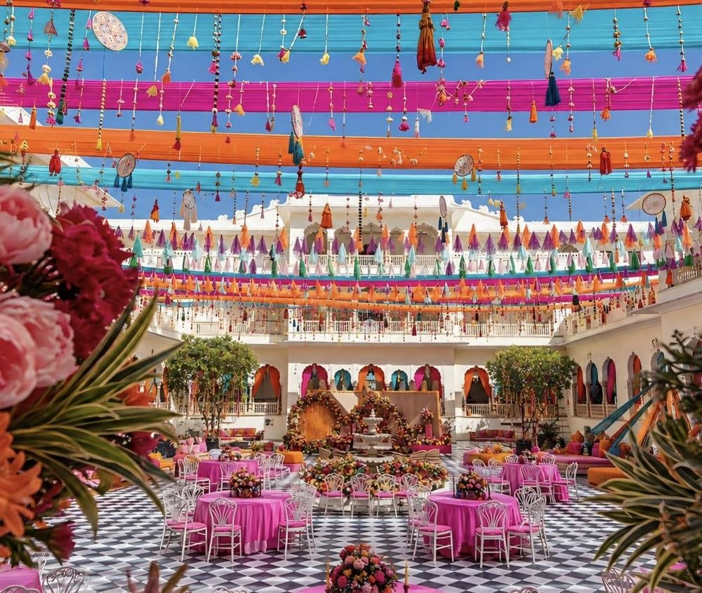 Courtyard under colourful festoons